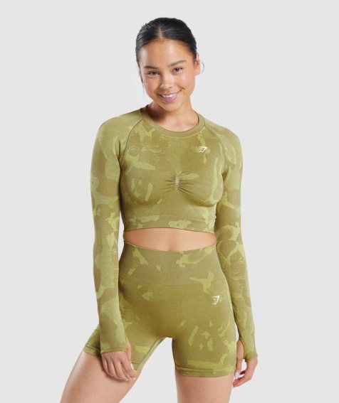 Women's Gymshark Adapt Camo Seamless Long Sleeve Cropped Tops Green | CA NA7D01